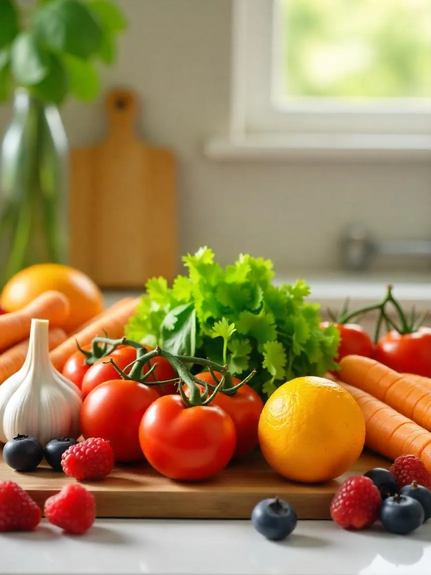 Fresh fruits and vegetables rich in cancer-fighting nutrients, including tomatoes, citrus, leafy greens, and berries, with subtle nutrient highlights. 