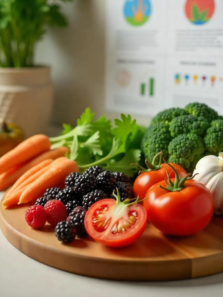 Assortment of colorful fruits and vegetables known for potential cancer-fighting properties, arranged with research materials on a kitchen counter. 