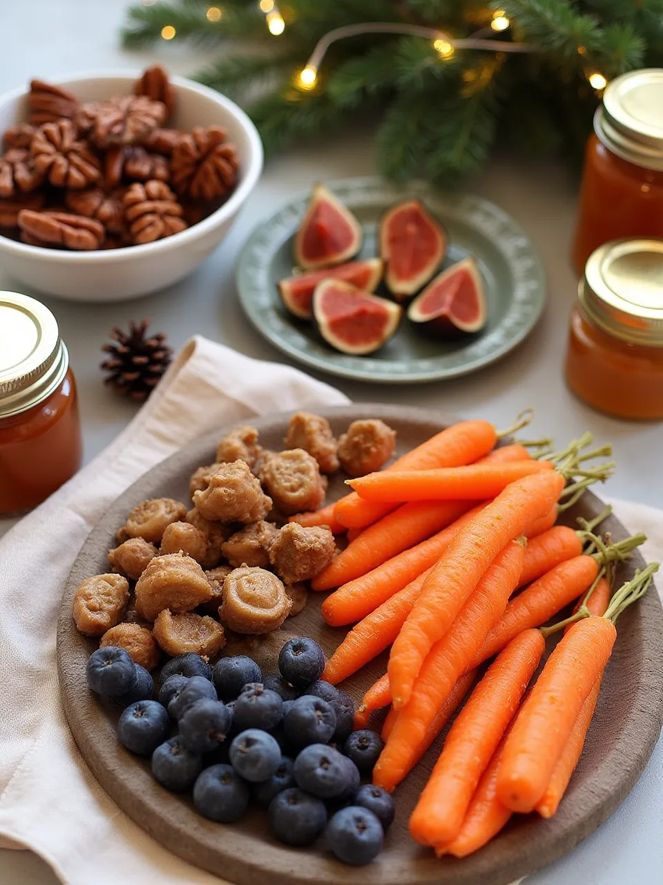 Candied pecans, figs with apricot preserves, honey-glazed carrots, and jars of fruit preserves on a festive Christmas table.