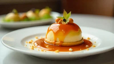 Gourmet dessert with caramel sauce on white plate in elegant restaurant setting.