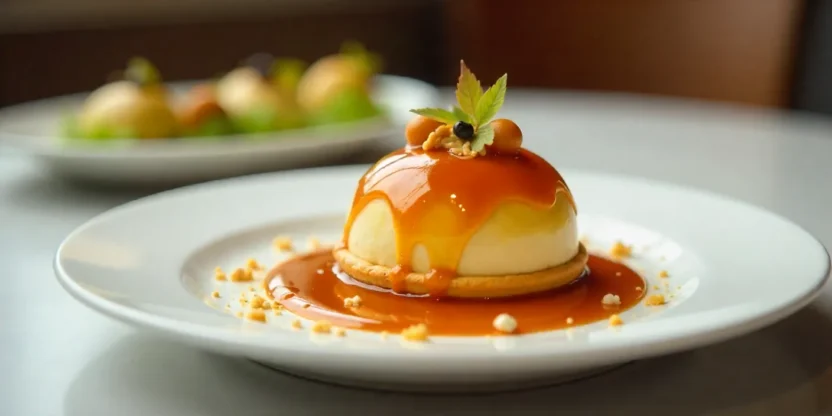 Gourmet dessert with caramel sauce on white plate in elegant restaurant setting.