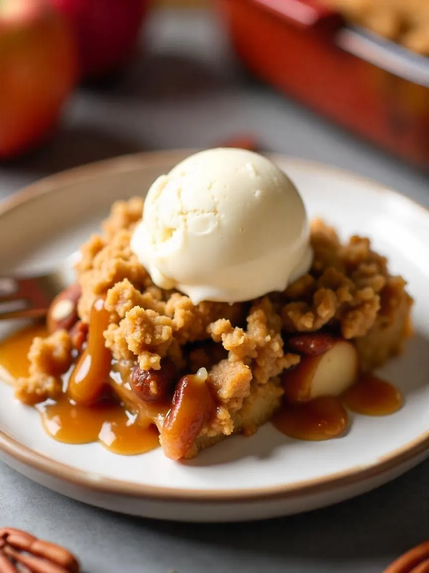 Caramel apple pecan raisin crisp served warm with a golden oat topping and caramel drizzle.