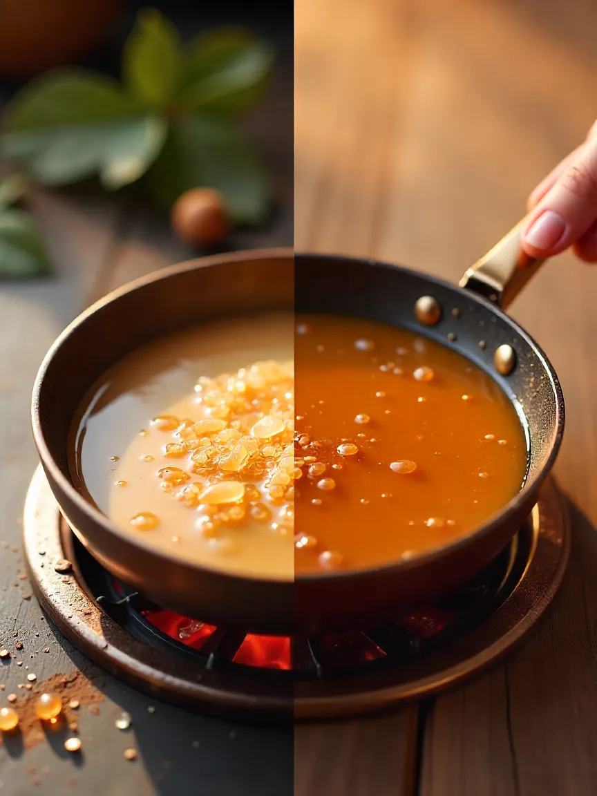 Two pans side by side showing wet caramel simmering and dry sugar melting for caramel.