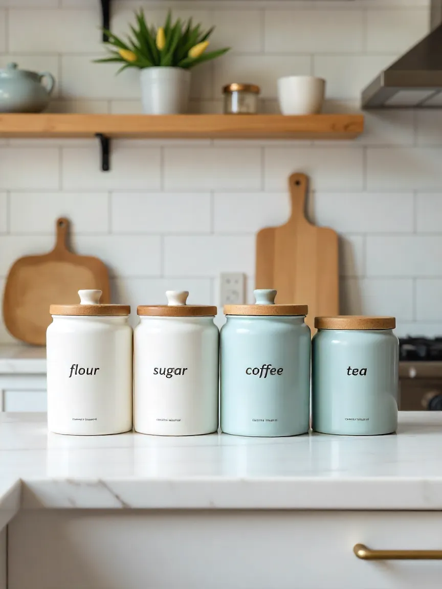 Kitchen countertop with ceramic canisters for flour, sugar, and coffee, styled against a subway tile backsplash with a modern farmhouse vibe.