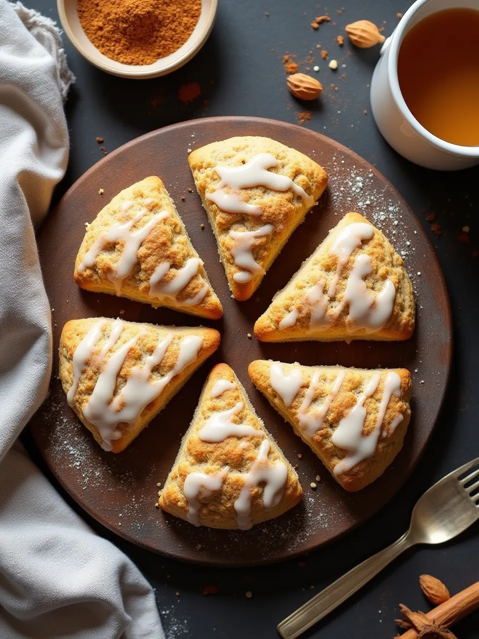 Fresh chai-spiced scones on a wooden board with a bowl of spices and a steaming cup of chai tea.