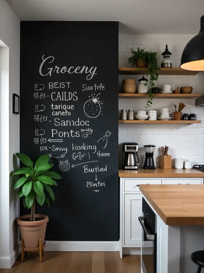 Kitchen with a chalkboard wall featuring grocery lists and doodles, paired with a cozy coffee station and rustic-modern decor elements.