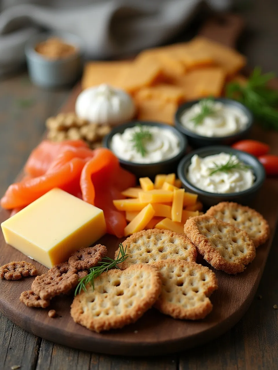 Smoked salmon with assorted cheeses like goat cheese, cream cheese, and cheddar on a wooden serving board.