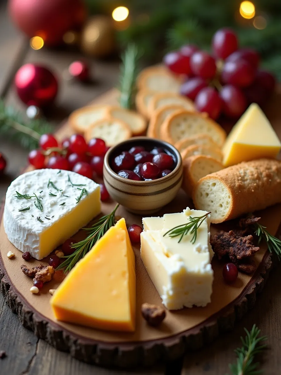 Holiday cheese board with brie, cheddar, goat cheese, crackers, creamy cheese dip, grapes, and festive garnishes.