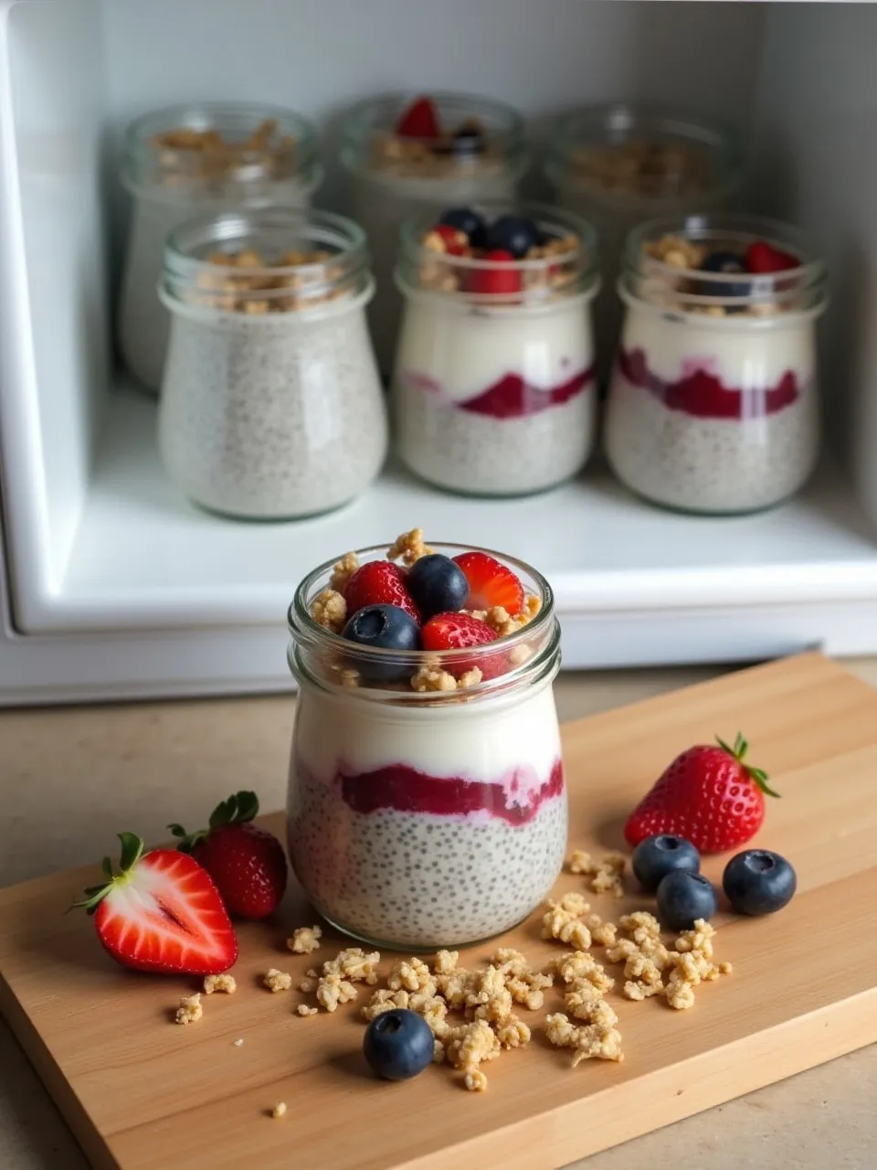Chia pudding jars stored in the fridge, with one open jar layered with yogurt, fruit, berries, and granola for serving.