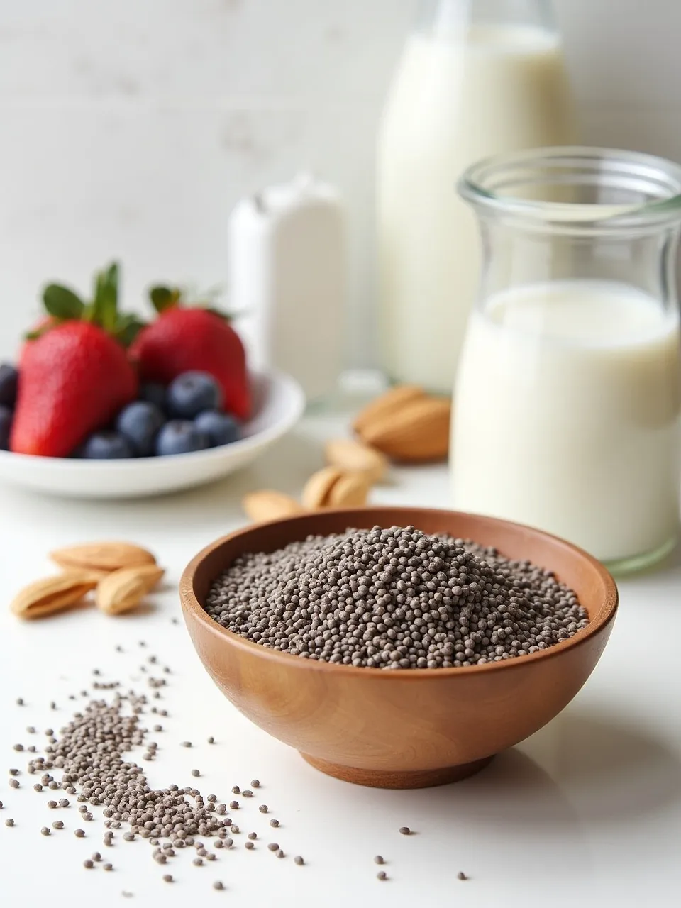 Bowl of chia seeds with almond milk, berries, and a jar of chia pudding in the background.