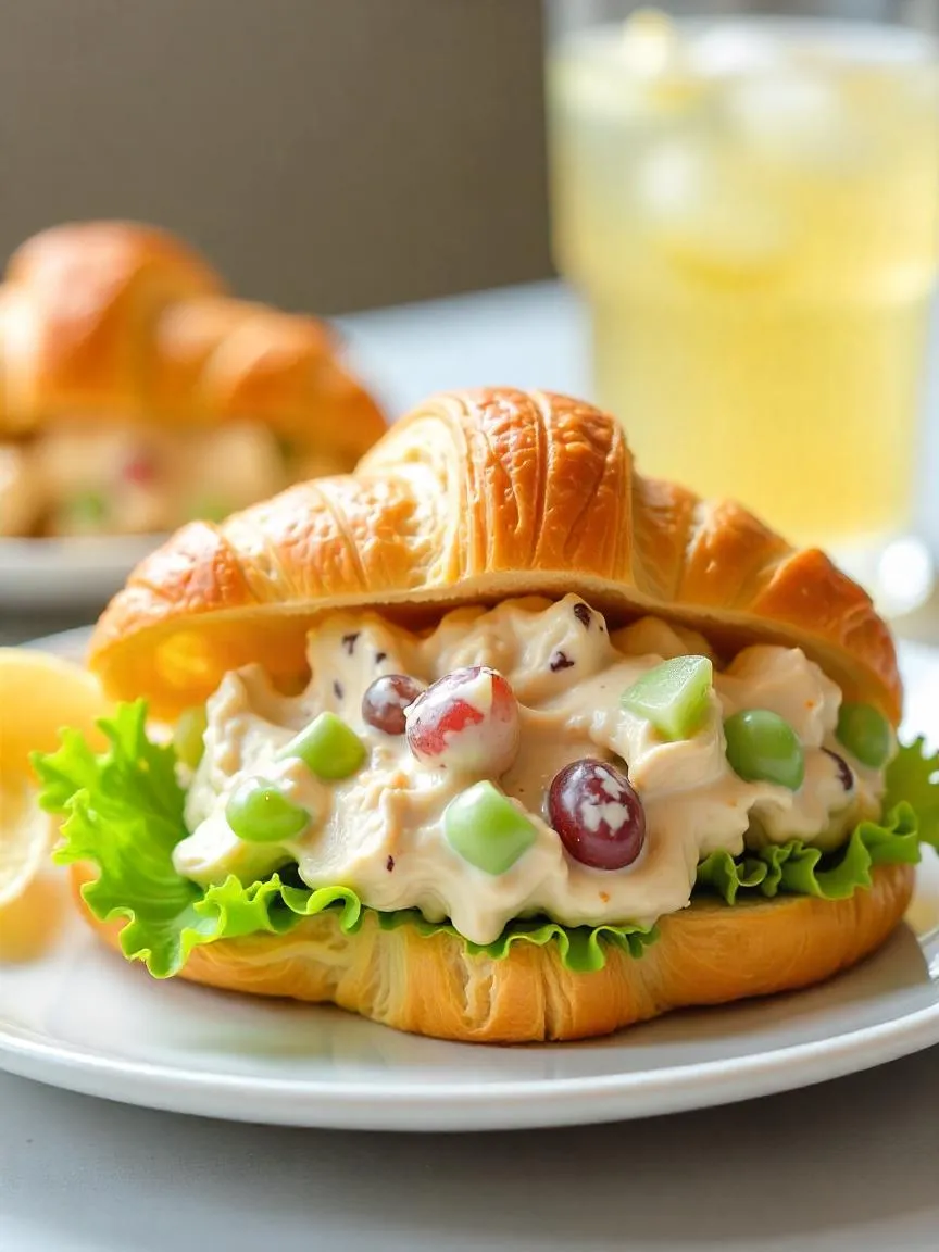 A chicken salad croissant sandwich with creamy filling, celery, grapes, and lettuce, served on a plate in a bright, fresh lunch setting.