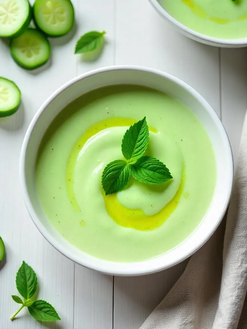 Chilled cucumber and mint soup in a white bowl, garnished with mint and olive oil, perfect for a fresh summer meal.