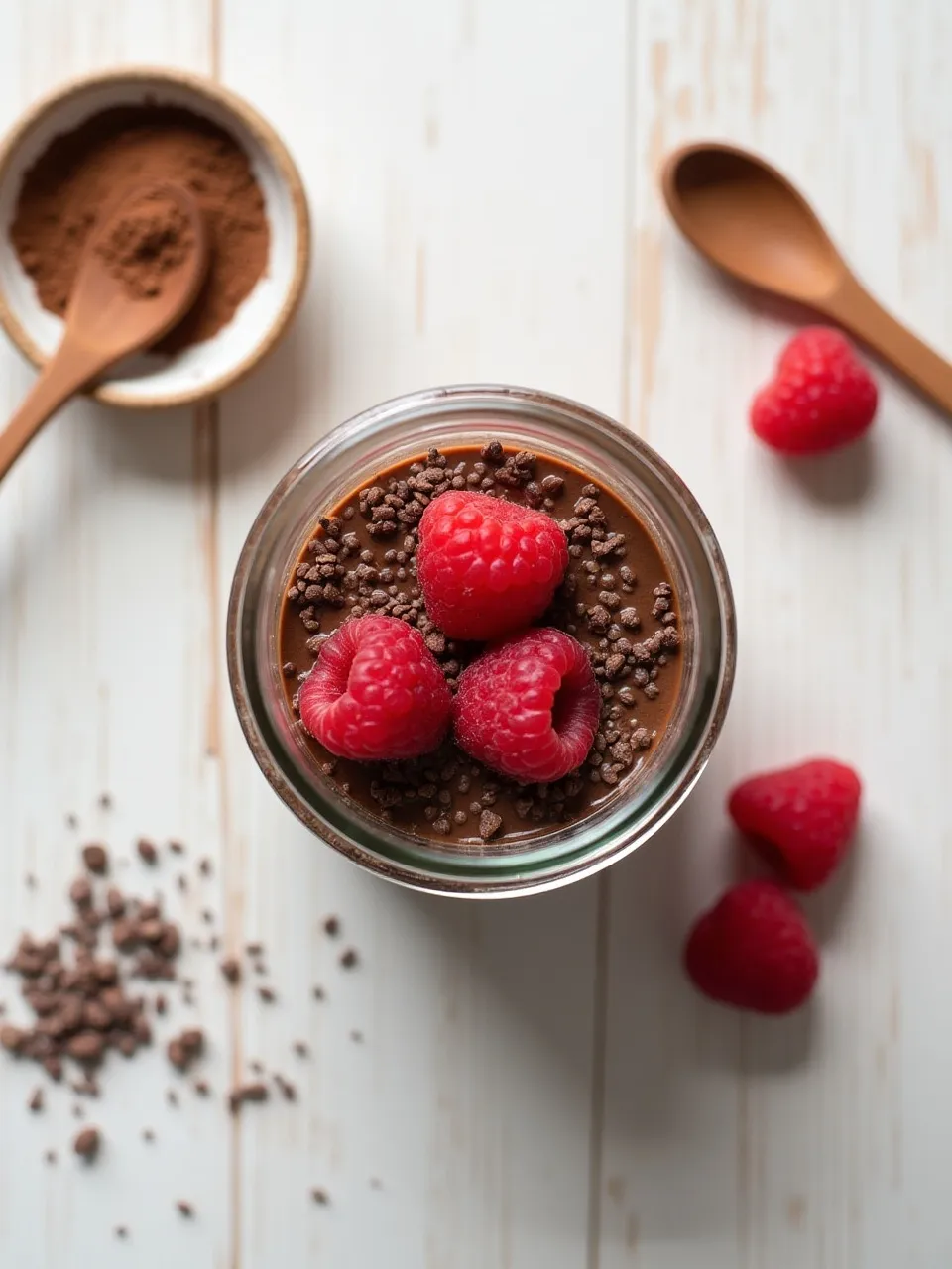 Chocolate chia pudding in a glass jar topped with raspberries and cacao nibs, with cocoa powder and chia seeds nearby.