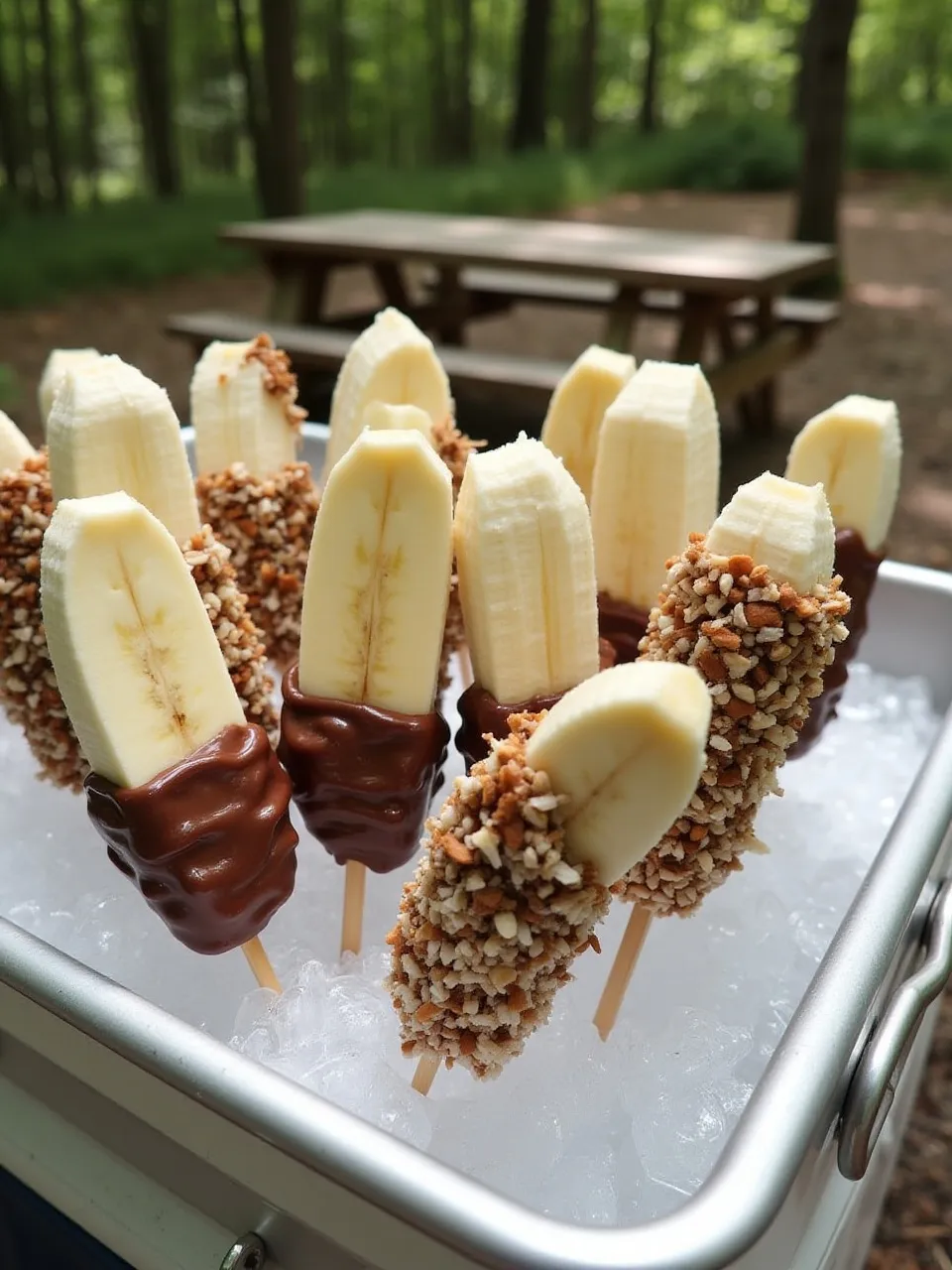 Chocolate-dipped frozen bananas on sticks with toppings, served chilled outdoors on a warm camping day.
