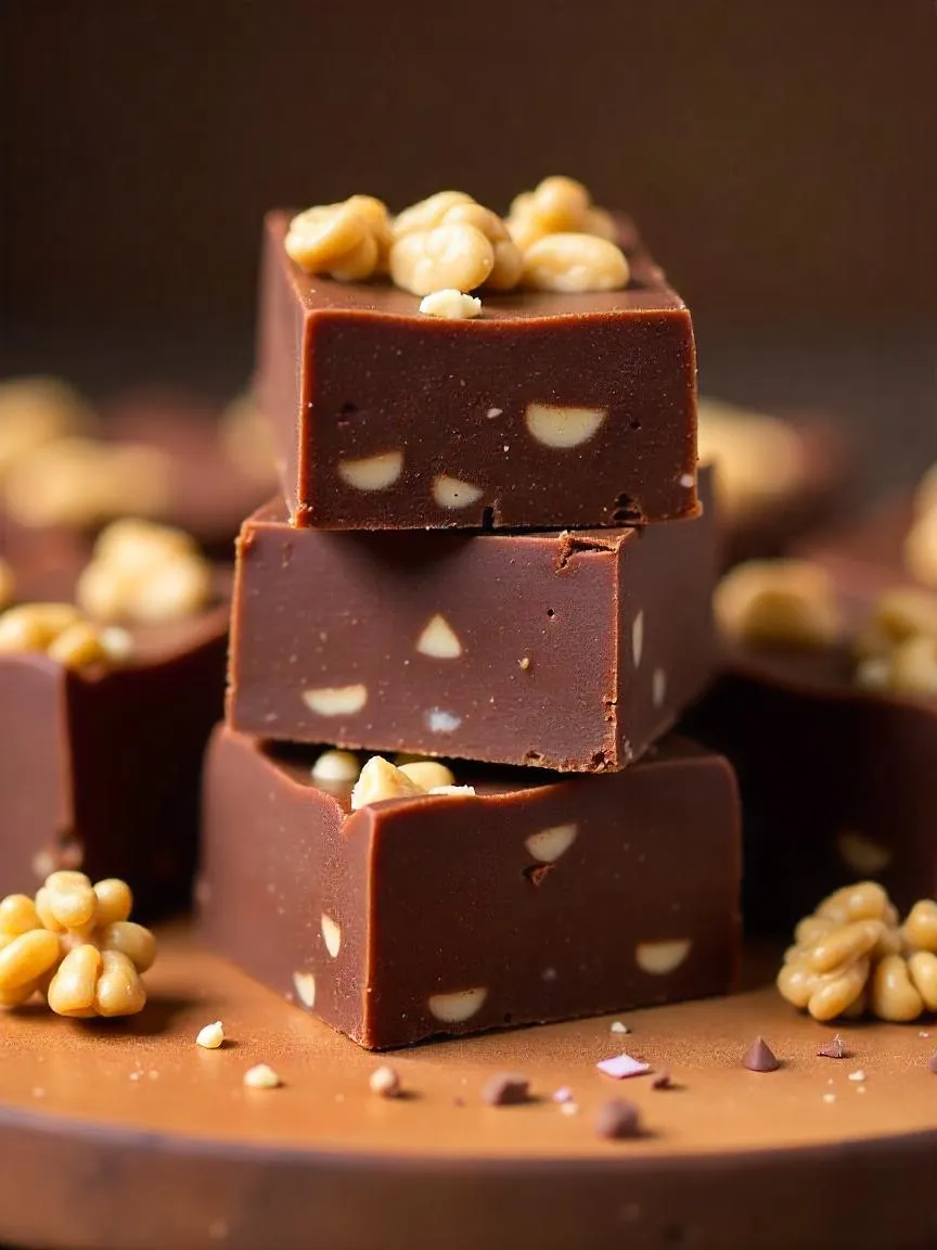 Chocolate walnut fudge squares stacked on a board, showing a rich, creamy texture with visible crunchy walnut pieces.