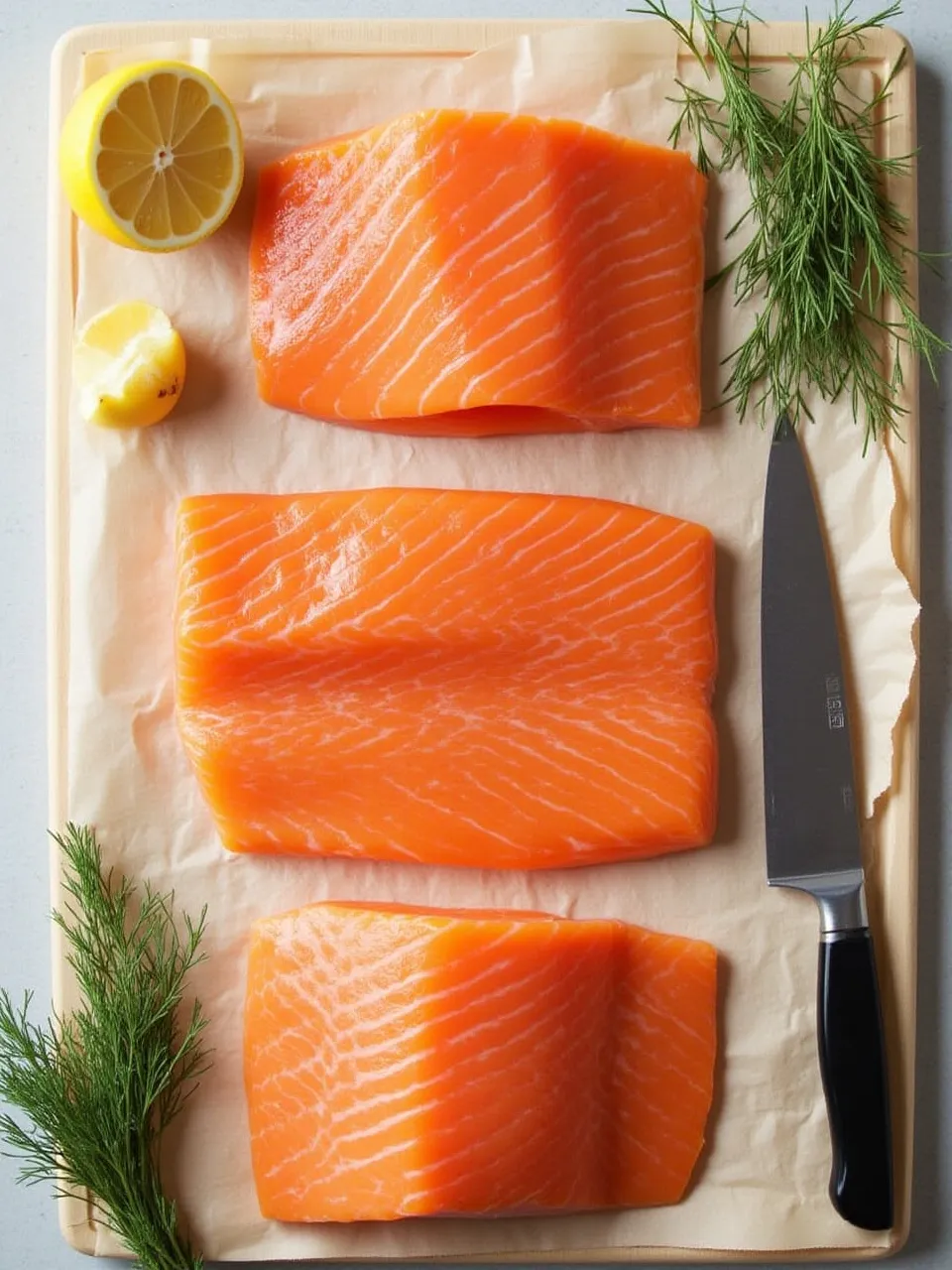 Various cuts of fresh salmon including skin-on fillet, wild-caught, and farmed, arranged on a wooden board with herbs and lemon.