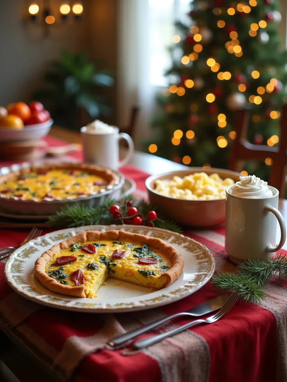 Christmas breakfast ideas including breakfast casserole, festive quiche, scrambled eggs with sausages, and fresh fruit on a holiday table.