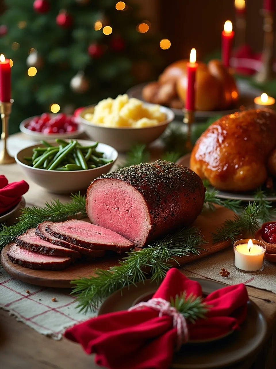 Christmas dinner classics with prime rib roast, glazed ham, roast chicken, mashed potatoes, and green beans on a festive holiday table.