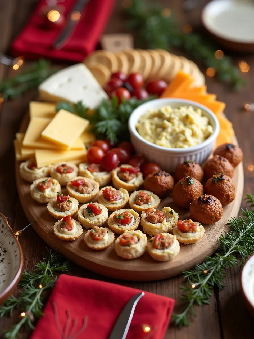 Christmas party snacks including cheese and crackers, pimiento cheese dip, pinwheels, stuffed mushrooms, and cocktail meatballs on a festive table.