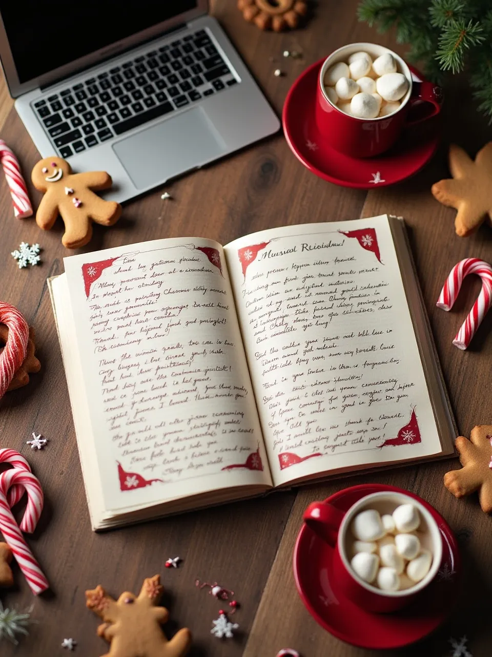 Christmas recipe book with gingerbread cookies, candy canes, and hot cocoa on a festive wooden table.