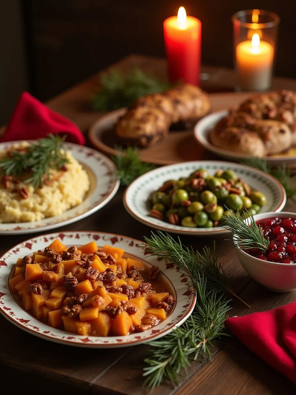 Christmas side dishes including sweet potato casserole, mashed potatoes, roasted Brussels sprouts, green beans, and cranberry sauce on a festive table.