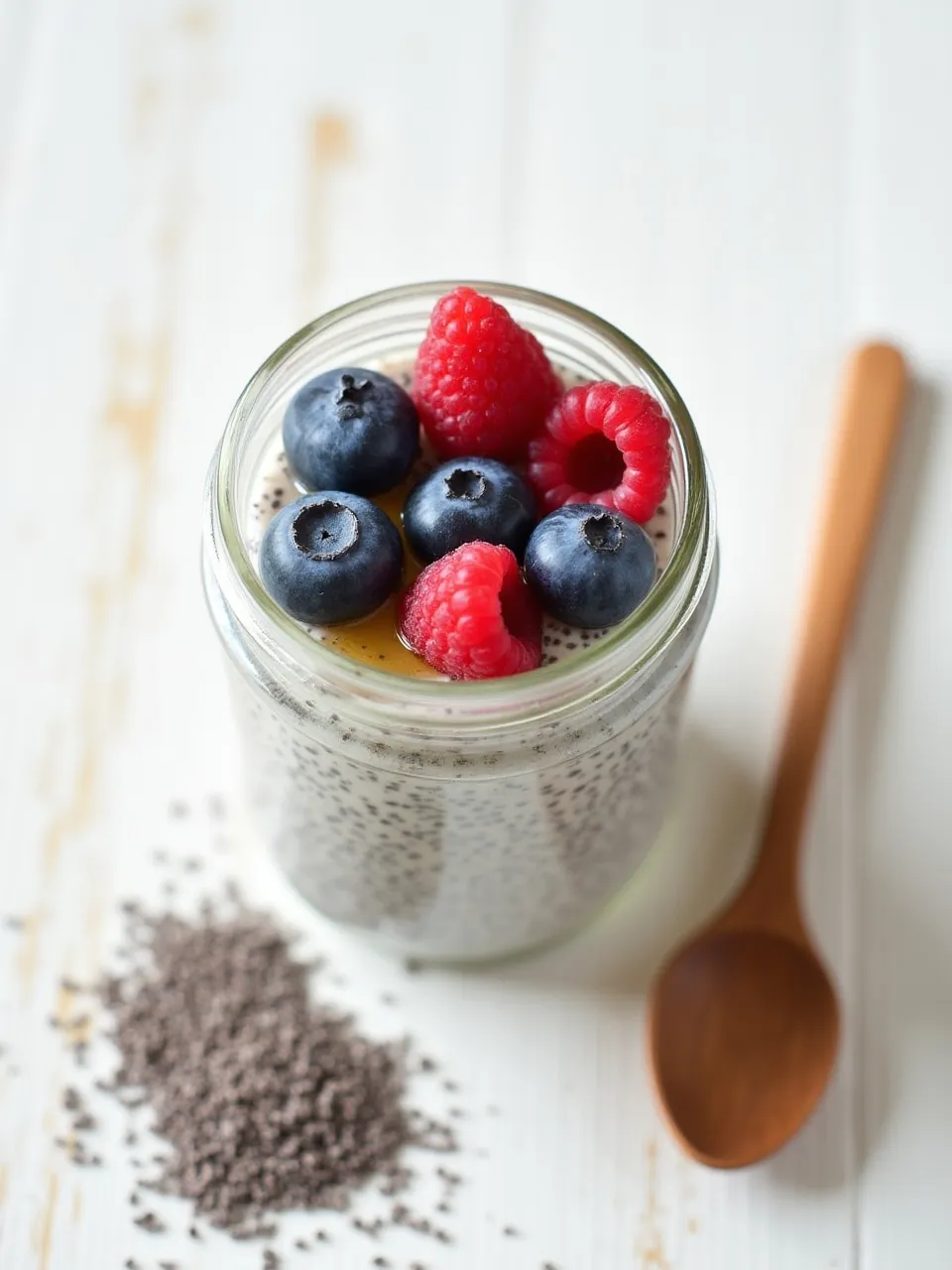 Classic chia pudding in a glass jar topped with fresh berries and honey on a rustic surface.