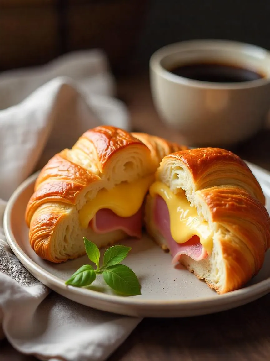 A classic ham and cheese croissant cut open to show its melted cheese and ham filling, served with coffee in a warm breakfast setting.