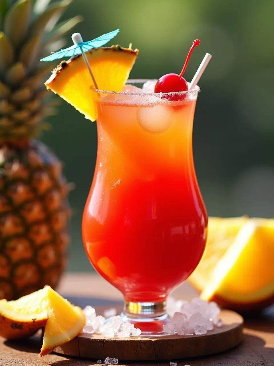 Classic Hurricane cocktail in a hurricane glass with orange slice and cherry garnish on a summer-themed table.