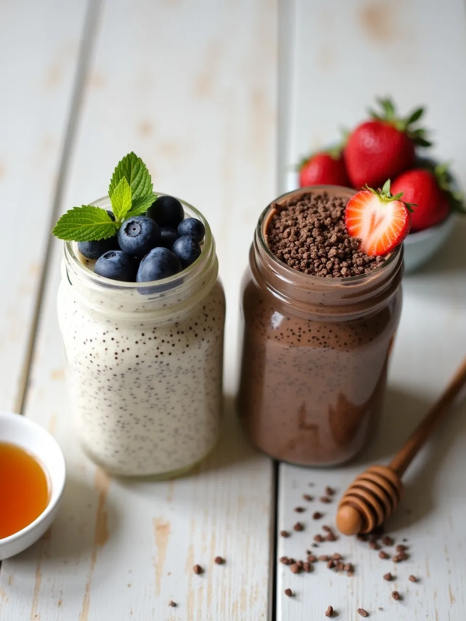 Vanilla and chocolate chia pudding jars topped with berries and cacao nibs on a wooden surface.