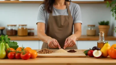 Person arranging fresh whole foods in a bright kitchen, representing the concept of clean eating with a focus on natural, minimally processed ingredients.