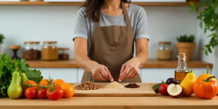 Person arranging fresh whole foods in a bright kitchen, representing the concept of clean eating with a focus on natural, minimally processed ingredients.