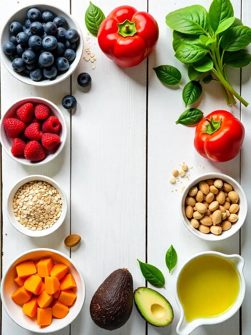 Flat lay of whole, minimally processed foods including fruits, vegetables, grains, legumes, nuts, seeds, and olive oil—typical of a clean eating diet.