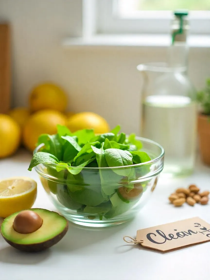 Clean eating setup with fresh salad, lemon water, fruits, and a chalkboard sign reading “Clean Eating” in a bright kitchen environment.