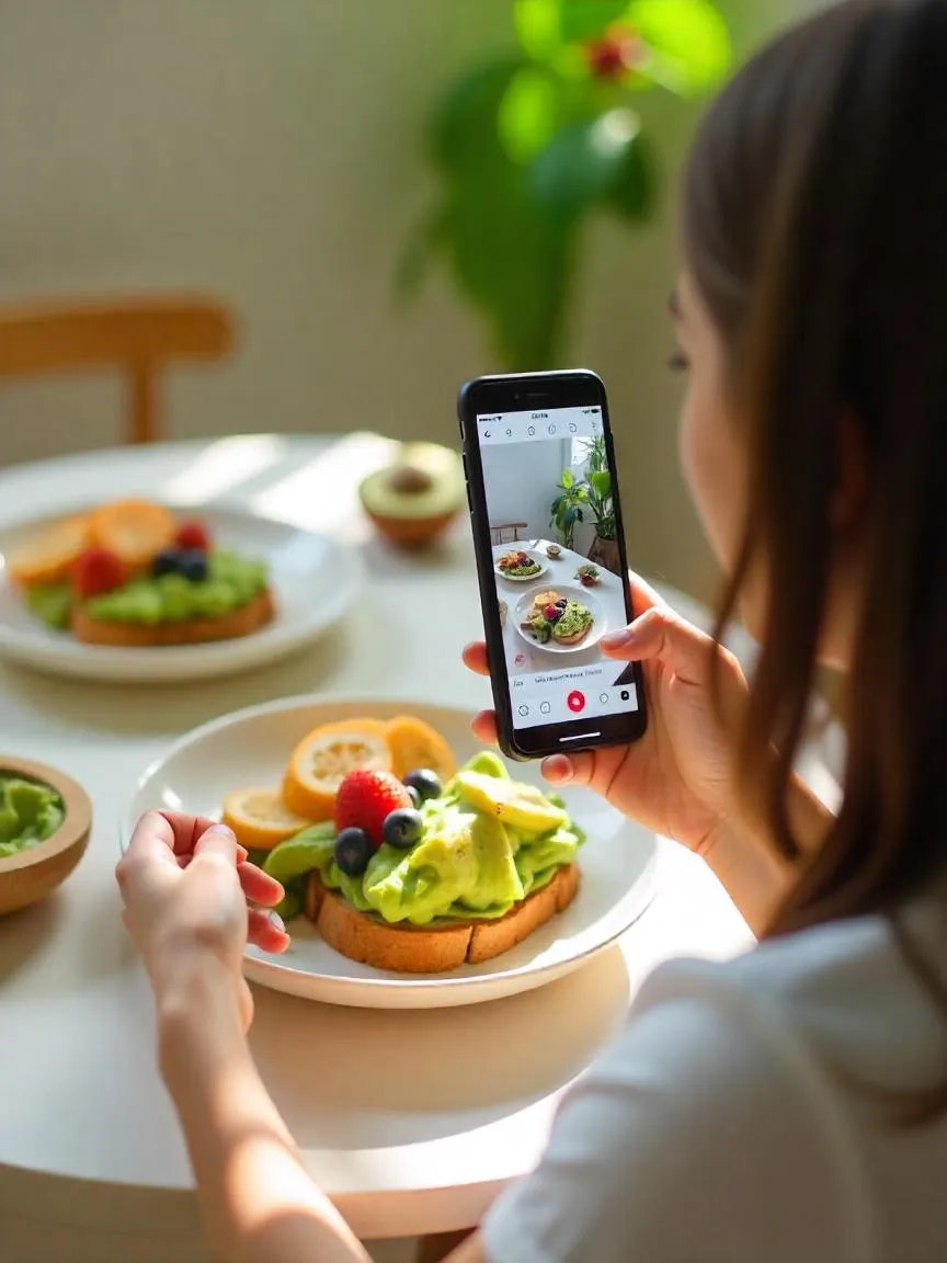 Person photographing a clean eating meal with a smartphone, surrounded by vibrant dishes, representing the influence of social media on dietary trends.