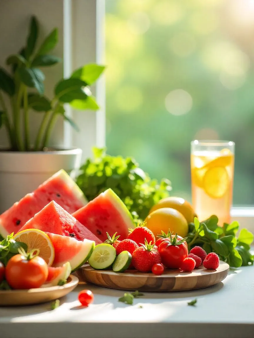 Fresh summer produce and infused water arranged on a sunlit table to represent clean eating and hydration benefits.