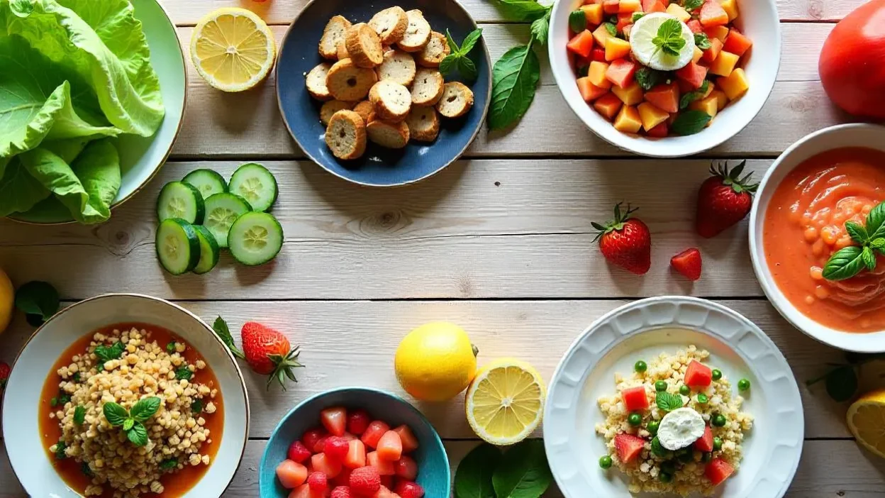 Colorful summer meal spread with 10 fresh clean-eating dishes and seasonal fruits and vegetables on a sunlit table.