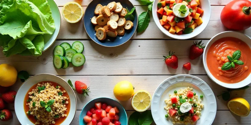 Colorful summer meal spread with 10 fresh clean-eating dishes and seasonal fruits and vegetables on a sunlit table.