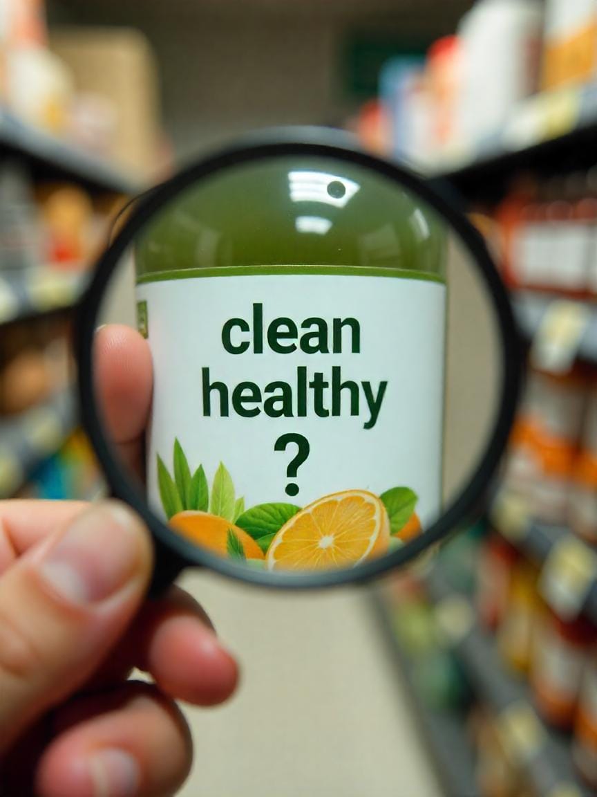 A person examining a food label with claims like “clean” and “natural,” highlighting the need for clearer regulation and transparency in food marketing.