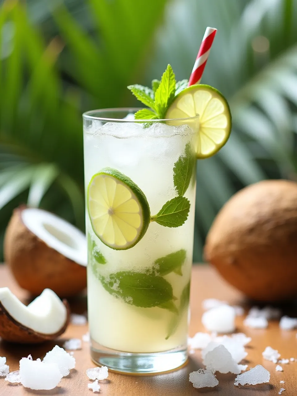 Coconut Mojito with mint, lime, and coconut garnish served in a tall glass on a tropical summer table.