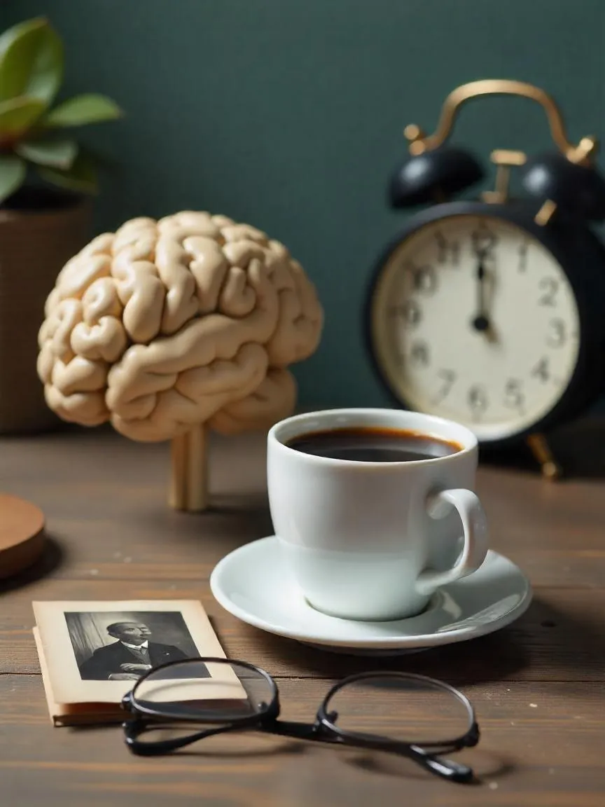 A cup of coffee beside a brain model and eyeglasses, symbolizing the connection between coffee and brain health, including Parkinson’s and Alzheimer’s.