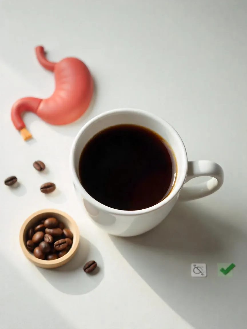 A cup of black coffee with a stylized gallbladder model and coffee beans, representing research on coffee’s potential role in gallstone prevention.