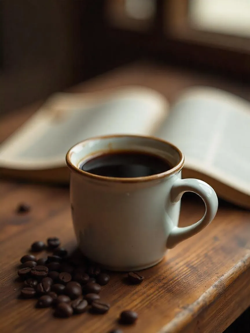 A ceramic mug of black coffee on a wooden table with scattered coffee beans and a book, evoking a calm, cozy atmosphere.