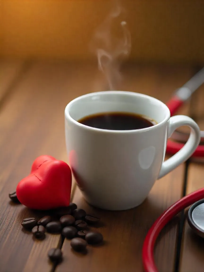 A cup of black coffee next to a red heart and stethoscope on a wooden table, symbolizing coffee’s impact on heart health.