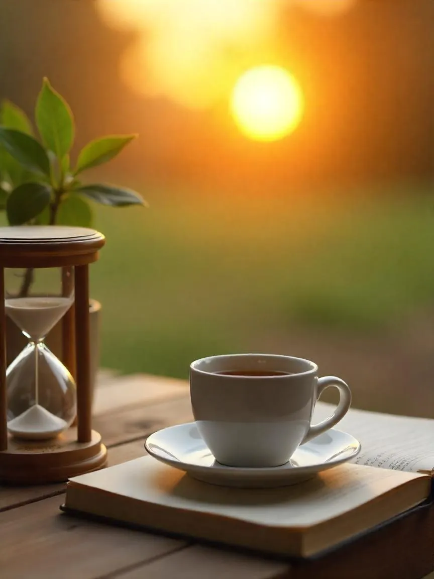 A cup of coffee next to an hourglass and small plant, symbolizing the connection between coffee and longevity.