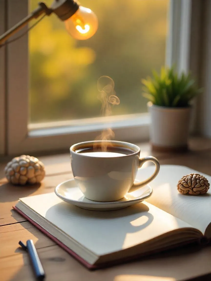 A cup of coffee on a desk next to a notebook and a small brain icon, symbolizing coffee’s effects on mood, focus, and mental health.