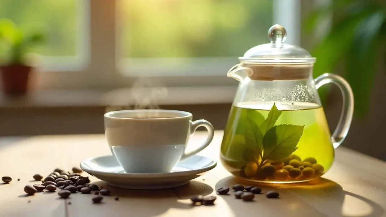 A cup of coffee and a glass teapot with green tea on a wooden table, surrounded by coffee beans, loose tea leaves, and a small plant in natural light.