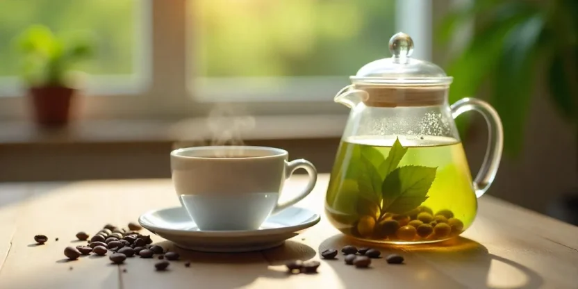 A cup of coffee and a glass teapot with green tea on a wooden table, surrounded by coffee beans, loose tea leaves, and a small plant in natural light.