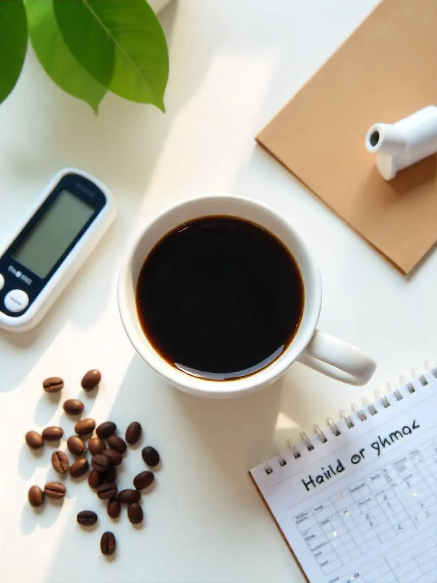 A cup of black coffee next to coffee beans, a glucose meter, and a nutrition chart, symbolizing coffee’s potential link to type 2 diabetes protection.