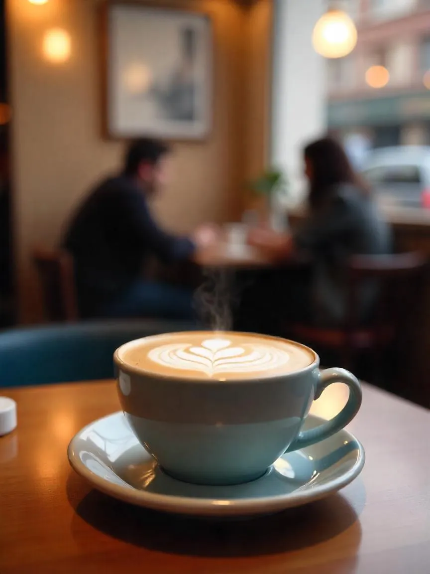 Warm latte with heart-shaped foam art in a cozy café setting, with soft light and blurred background of people enjoying coffee.