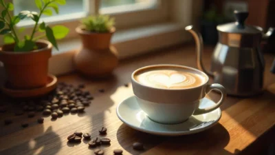 Cozy kitchen with freshly made latte, coffee grinder, kettle, and coffee beans bathed in sunlight.